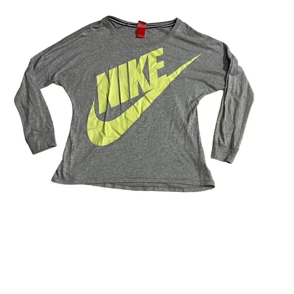 Nike Women's Gray Long Sleeve Nike Logo Lime Green Spell Out T-Shirt Size Large